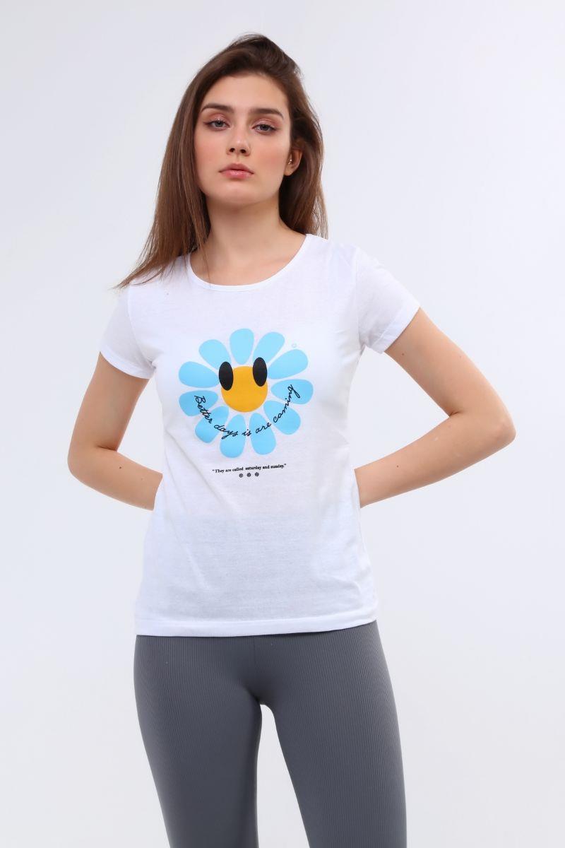 Tshirt Kadın Papatya Baskılı T-Shirt Beyaz