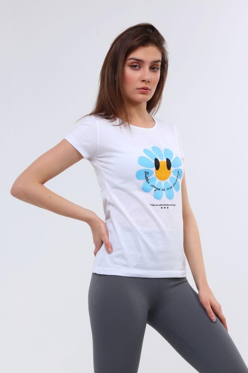 Tshirt Kadın Papatya Baskılı T-Shirt Beyaz