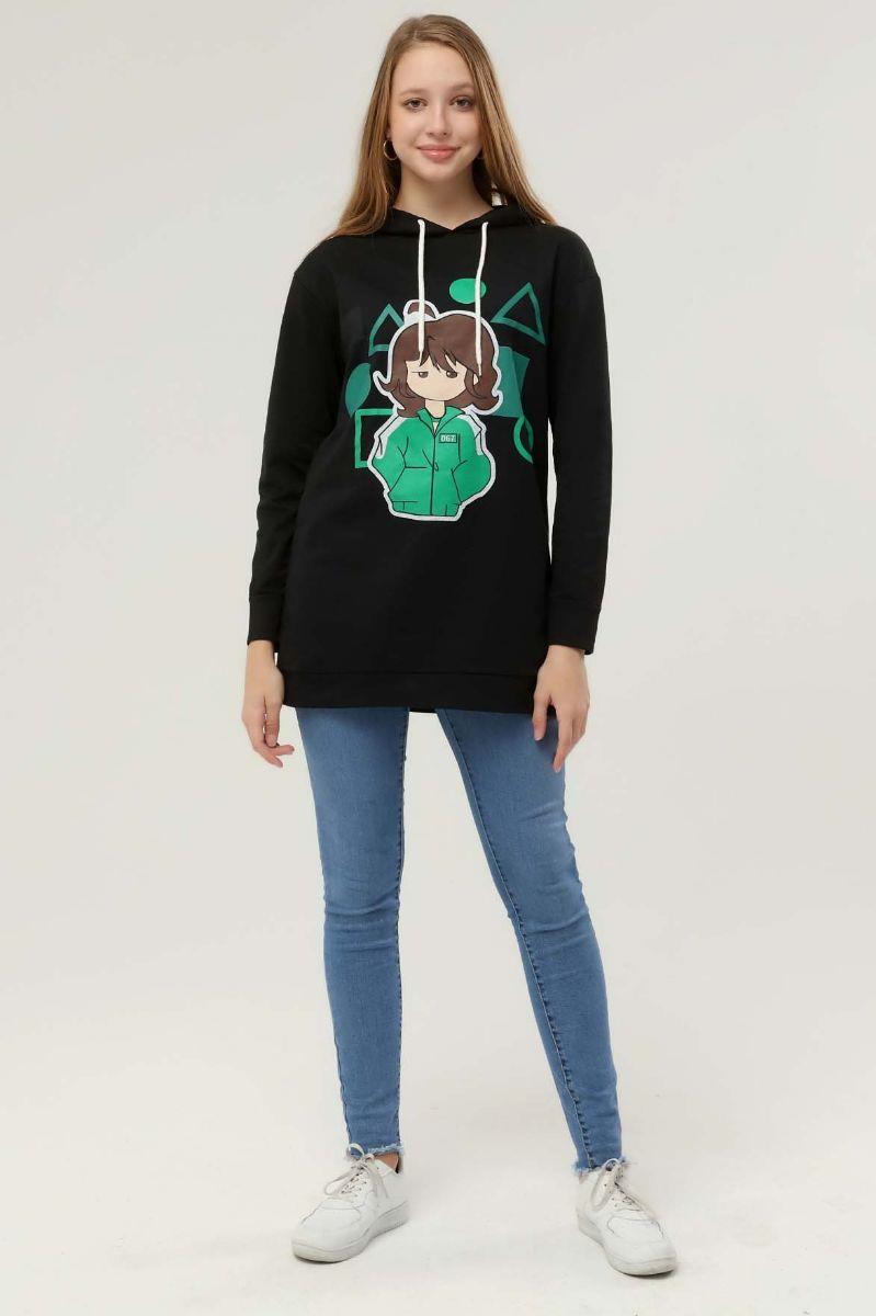 Sweatshirt Kadın Squid Game Baskılı Kapüşonlu Sweatshirt Siyah