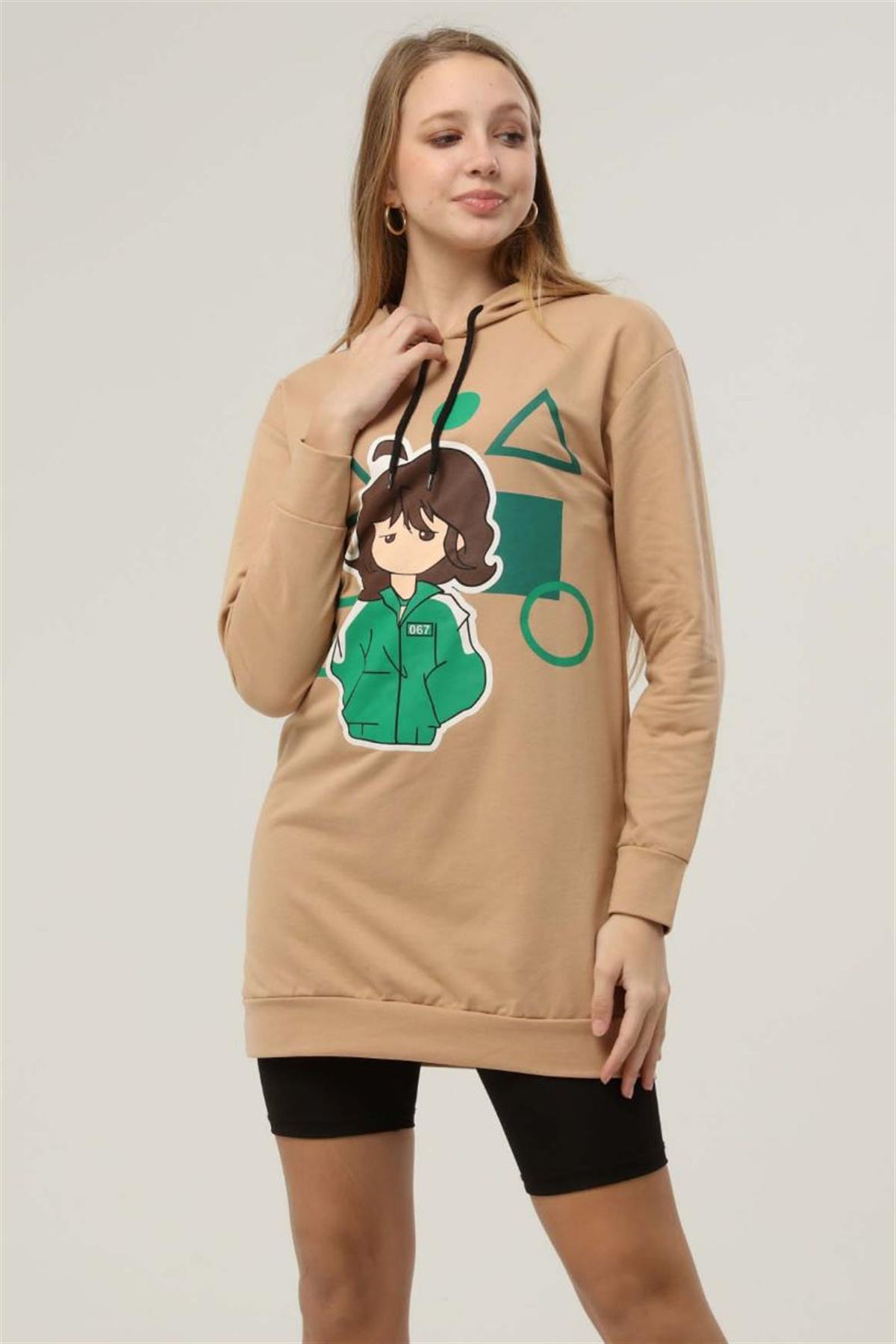 Sweatshirt Kadın Squid Game Baskılı Kapüşonlu Sweatshirt Bej