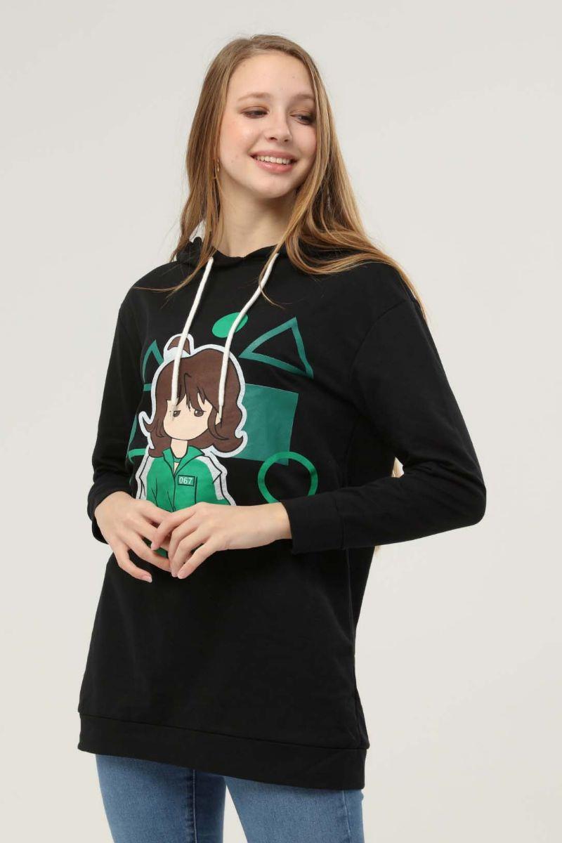 Sweatshirt Kadın Squid Game Baskılı Kapüşonlu Sweatshirt Siyah