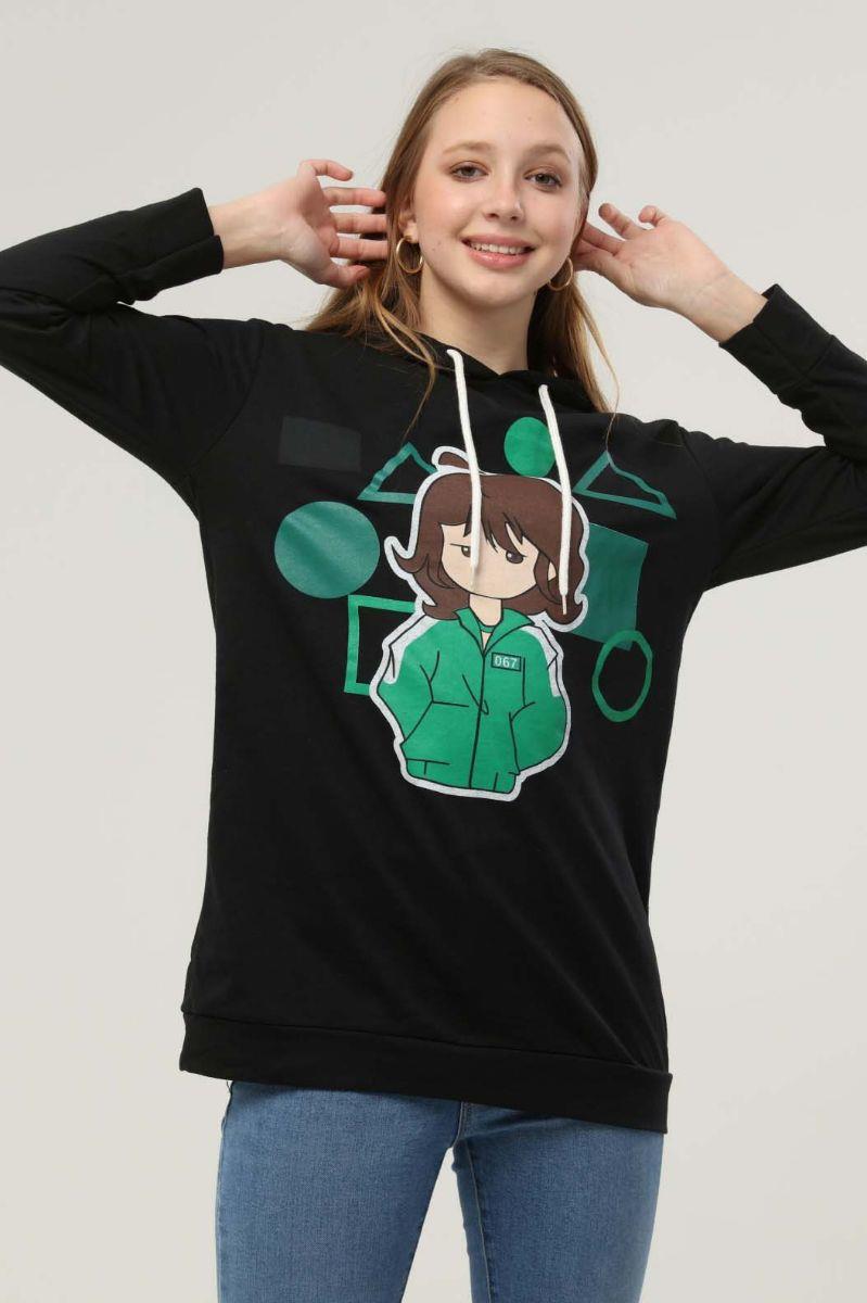 Sweatshirt Kadın Squid Game Baskılı Kapüşonlu Sweatshirt Siyah