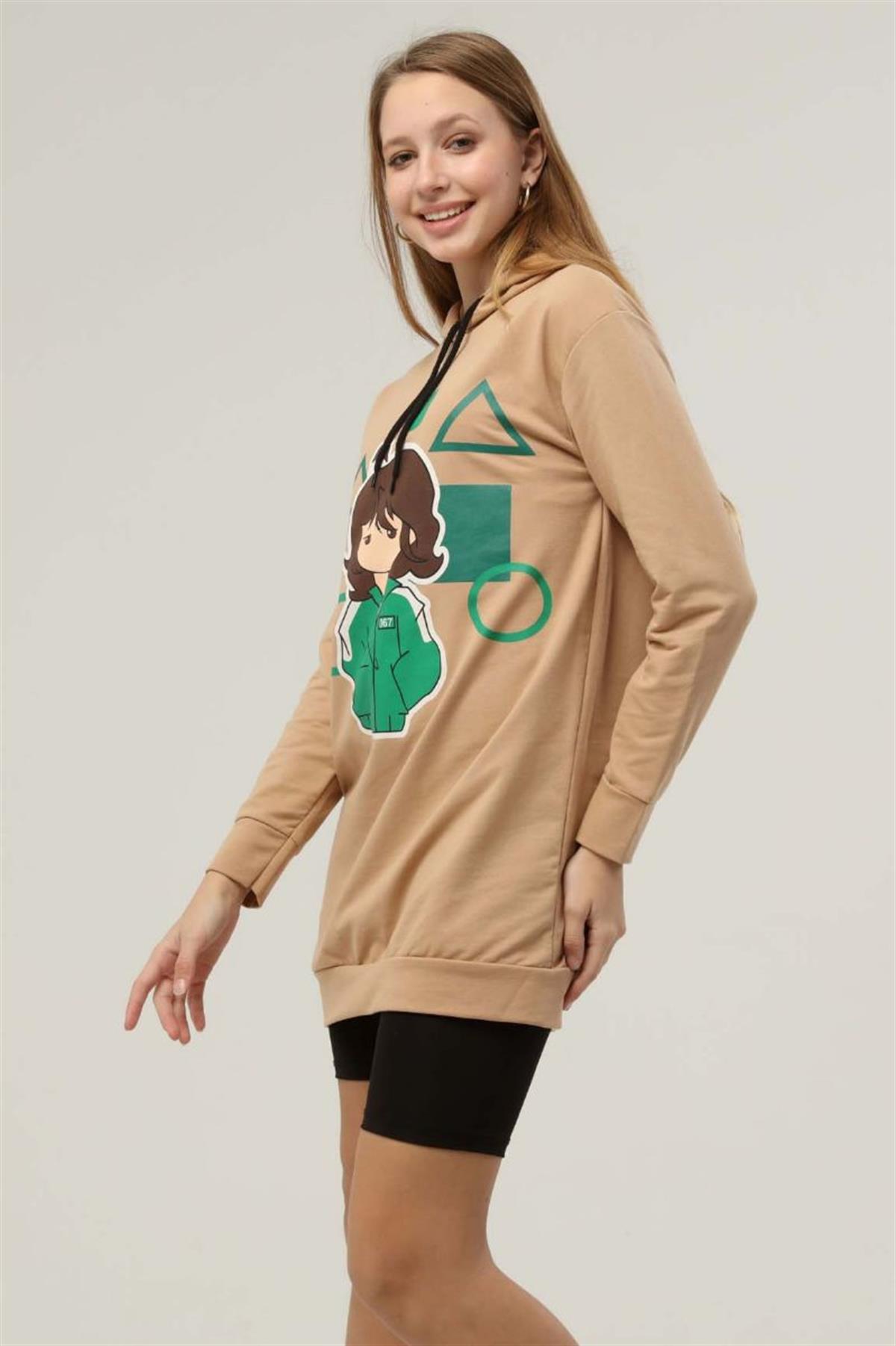 Sweatshirt Kadın Squid Game Baskılı Kapüşonlu Sweatshirt Bej