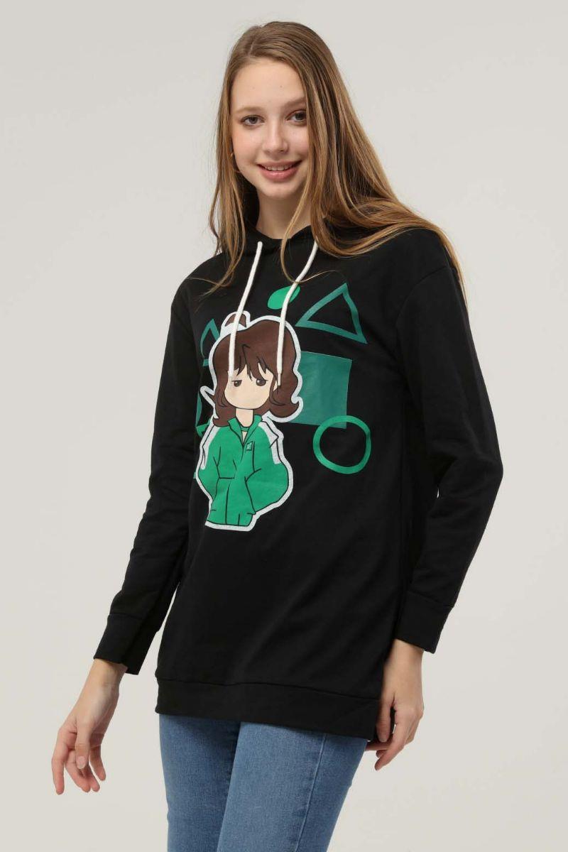 Sweatshirt Kadın Squid Game Baskılı Kapüşonlu Sweatshirt Siyah