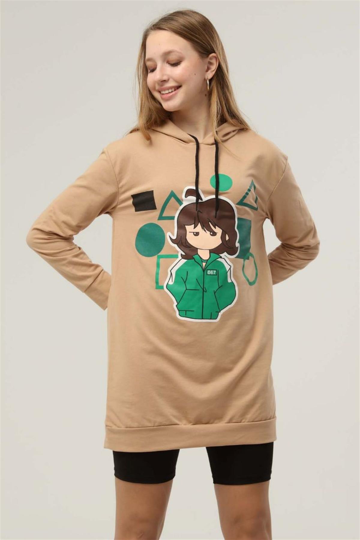 Sweatshirt Kadın Squid Game Baskılı Kapüşonlu Sweatshirt Bej