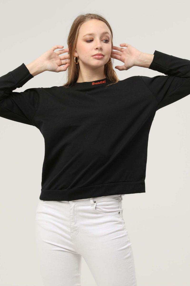Sweatshirt Kadın Sunday Baskılı Kapüşonlu Nakışlı Sweatshirt Siyah