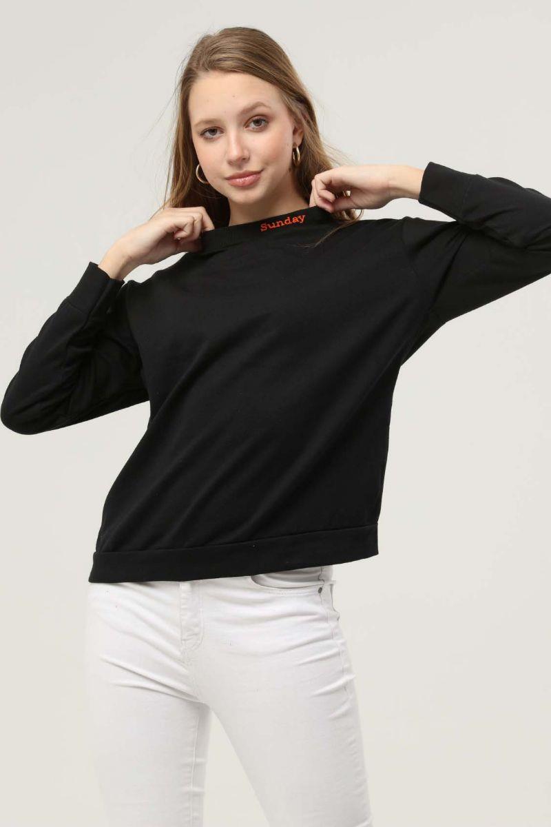 Sweatshirt Kadın Sunday Baskılı Kapüşonlu Nakışlı Sweatshirt Siyah