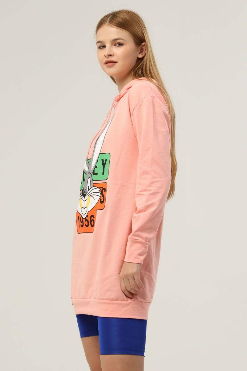 Sweatshirt Kadın Tavşan Baskılı Kapüşonlu Sweatshirt Yavruağzı