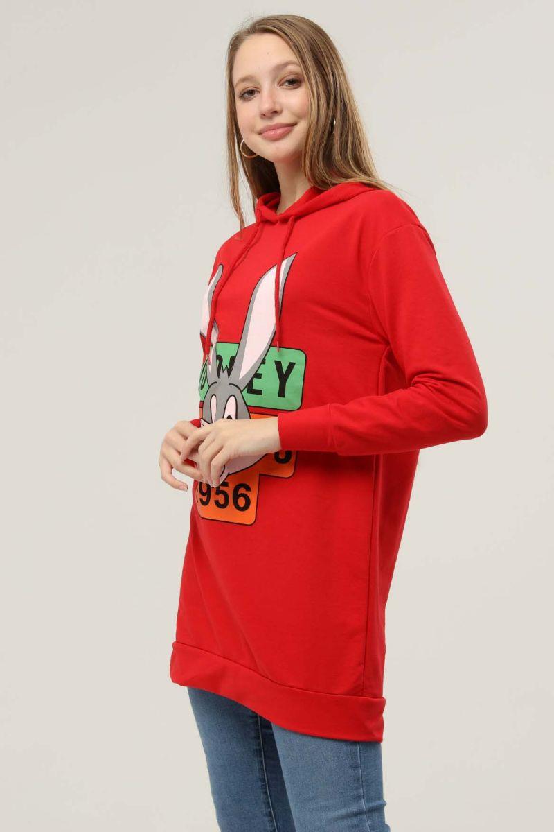Sweatshirt Kadın Tavşan Baskılı Kapüşonlu Sweatshirt Kırmızı
