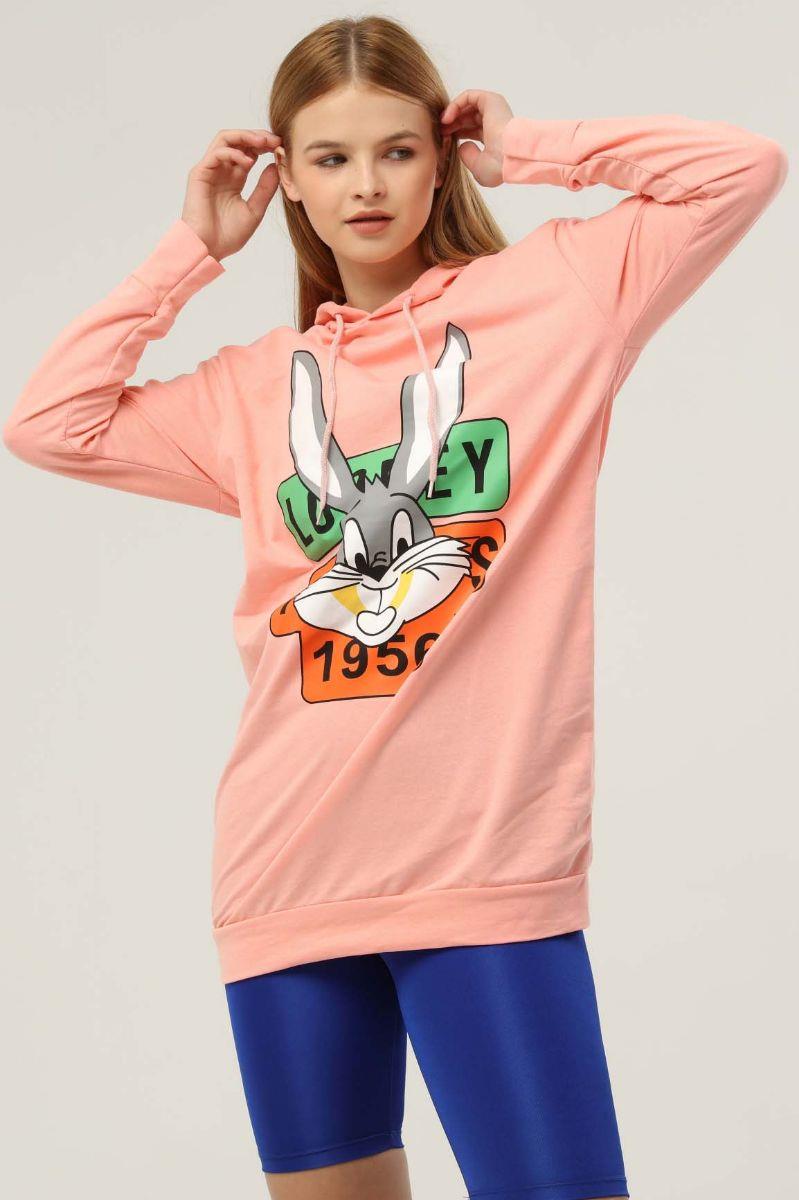 Sweatshirt Kadın Tavşan Baskılı Kapüşonlu Sweatshirt Yavruağzı