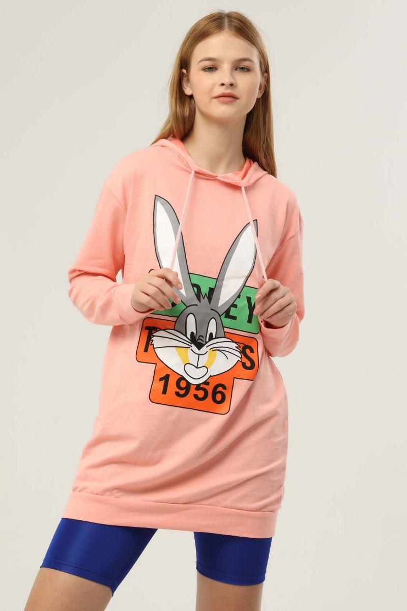 Sweatshirt Kadın Tavşan Baskılı Kapüşonlu Sweatshirt Yavruağzı