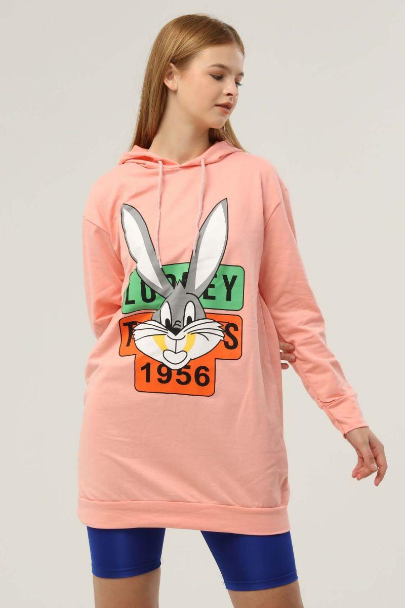 Sweatshirt Kadın Tavşan Baskılı Kapüşonlu Sweatshirt Yavruağzı