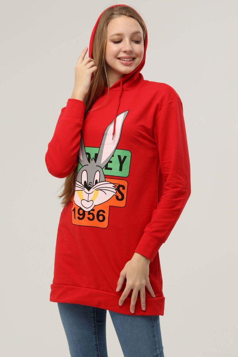 Sweatshirt Kadın Tavşan Baskılı Kapüşonlu Sweatshirt Kırmızı
