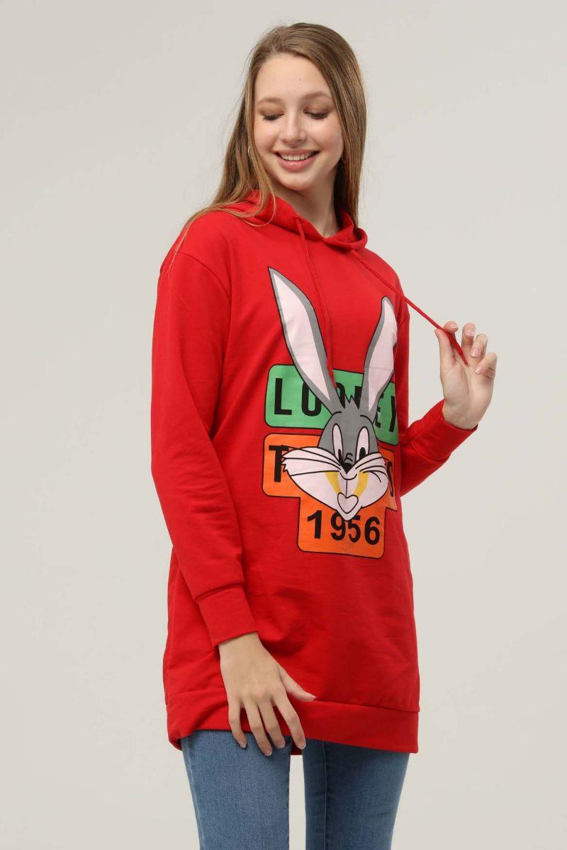 Sweatshirt Kadın Tavşan Baskılı Kapüşonlu Sweatshirt Kırmızı