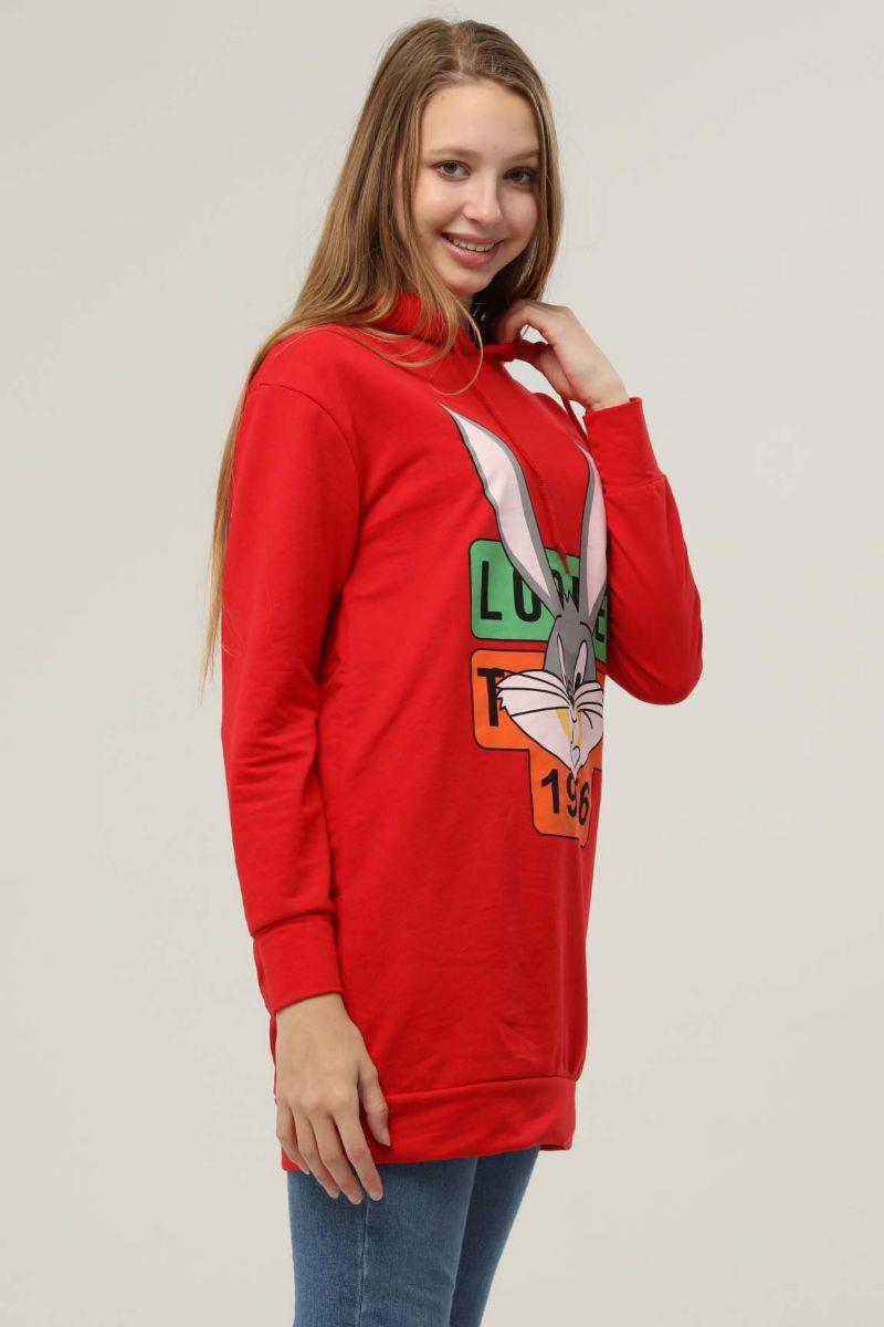 Sweatshirt Kadın Tavşan Baskılı Kapüşonlu Sweatshirt Kırmızı