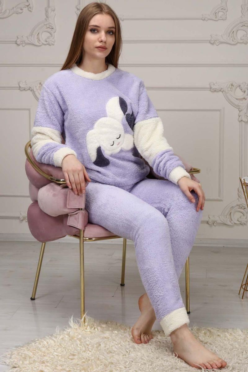 Pijama Takımı Kadın Tavşan Nakışlı Soft Polar Pijama Takımı Lila