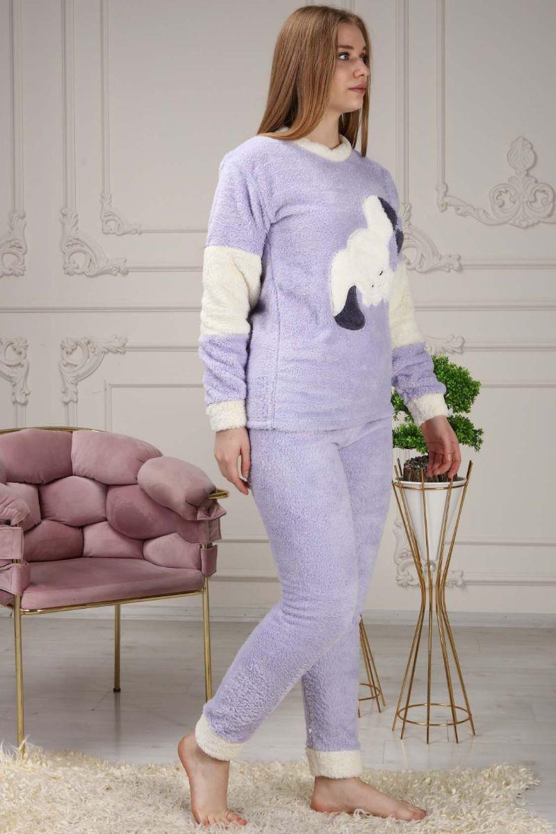 Pijama Takımı Kadın Tavşan Nakışlı Soft Polar Pijama Takımı Lila