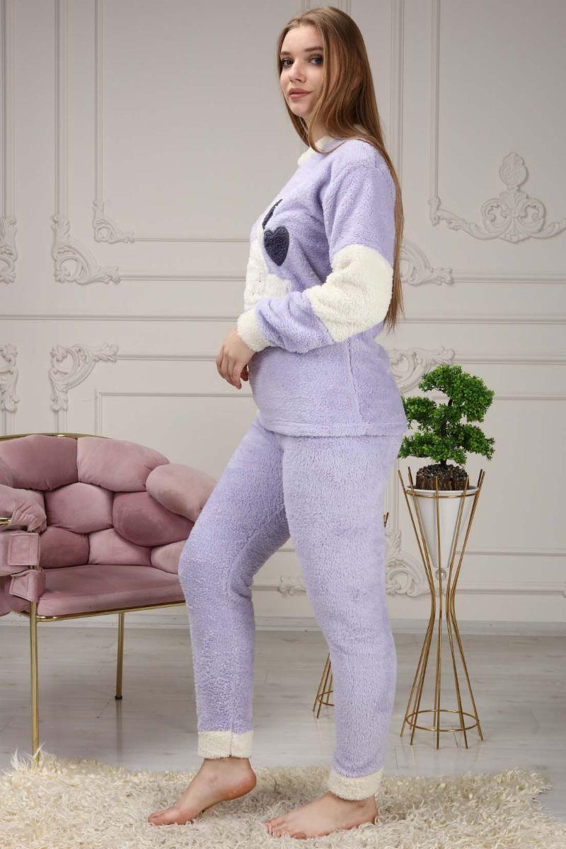 Pijama Takımı Kadın Tavşan Nakışlı Soft Polar Pijama Takımı Lila