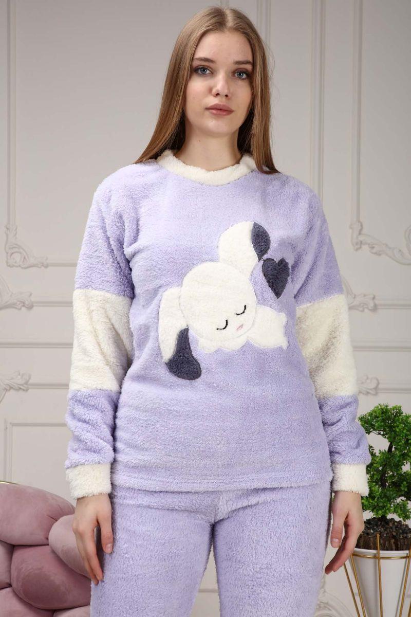 Pijama Takımı Kadın Tavşan Nakışlı Soft Polar Pijama Takımı Lila