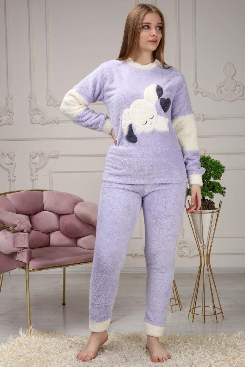 Pijama Takımı Kadın Tavşan Nakışlı Soft Polar Pijama Takımı Lila