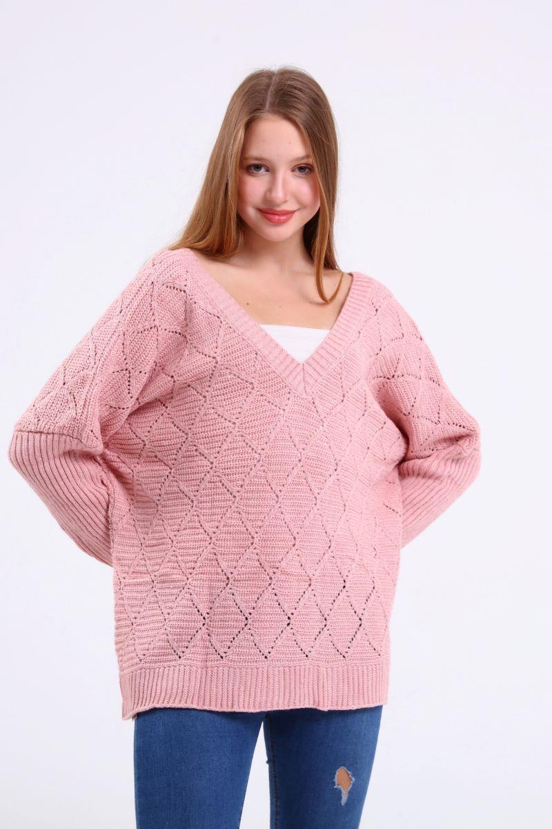 Kazak Kadın V Yaka Oversize Kazak Pembe