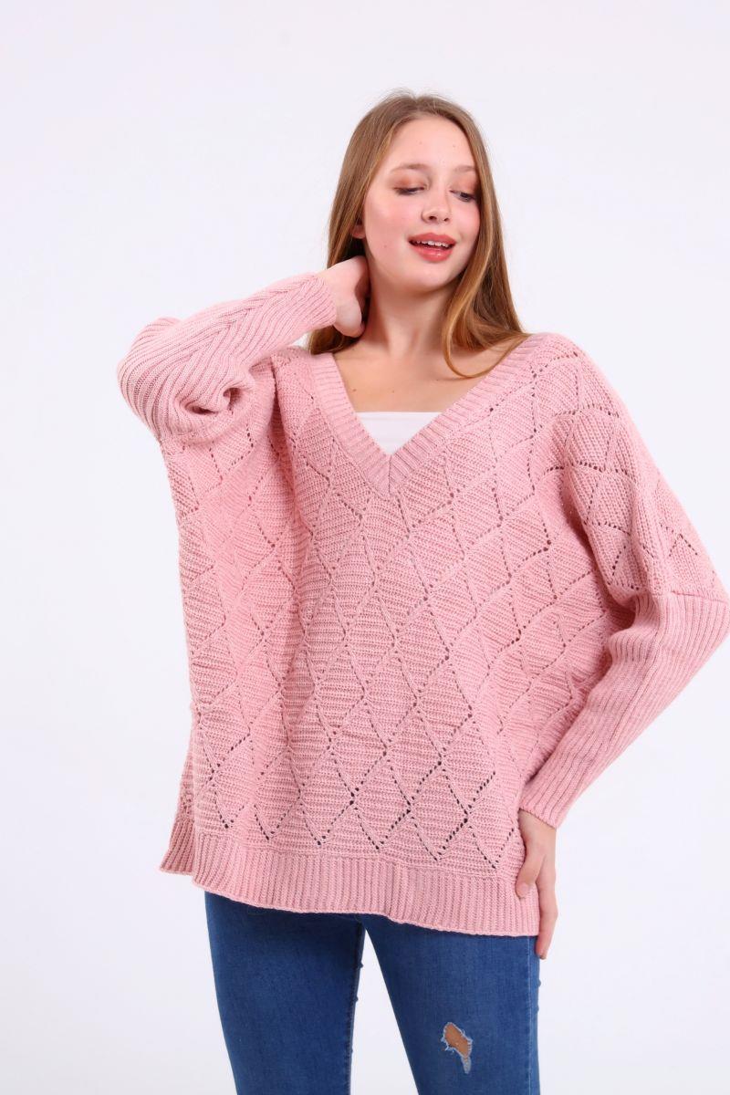 Kazak Kadın V Yaka Oversize Kazak Pembe