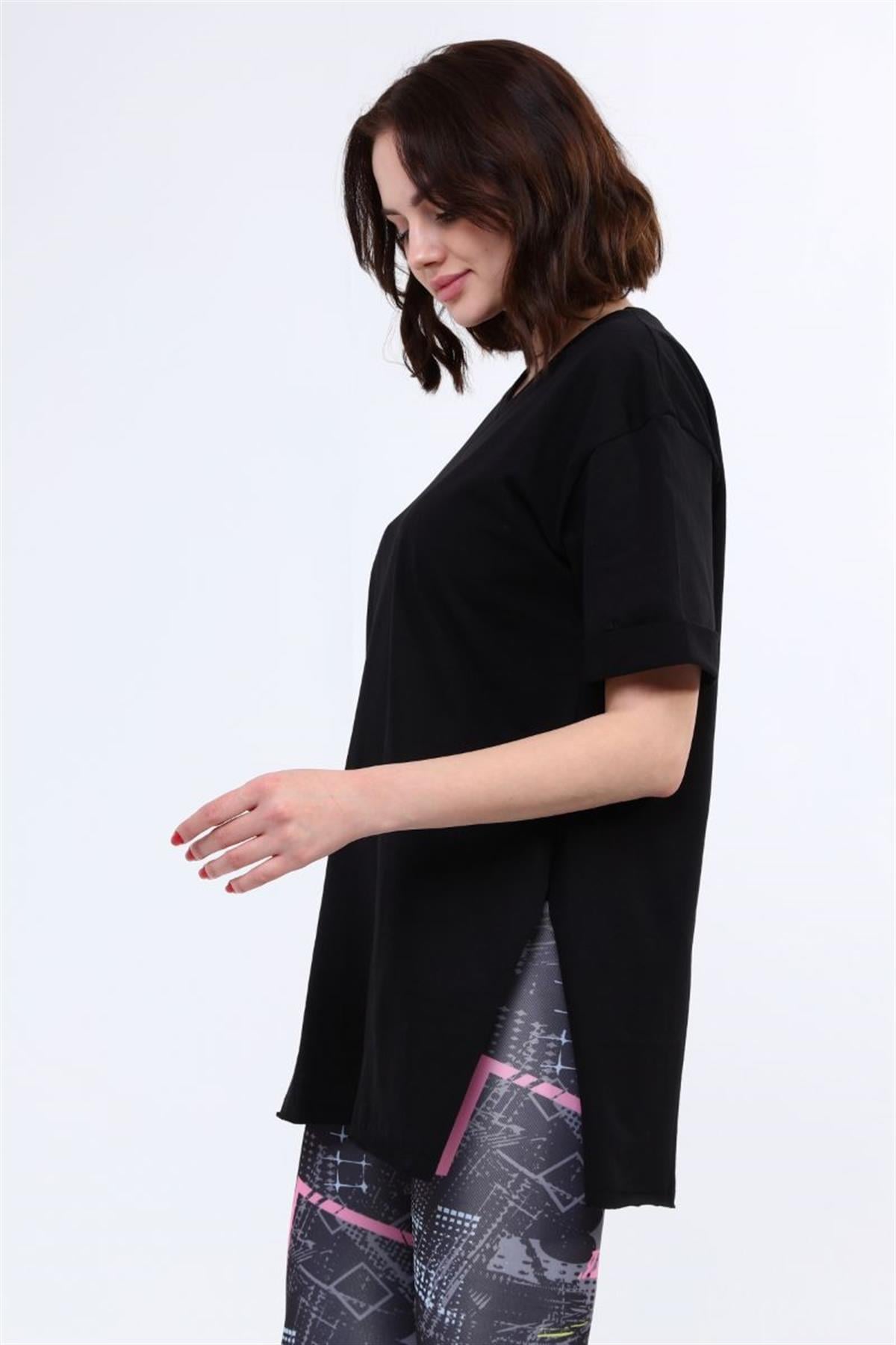Tshirt Kadın V Yaka Yırtmaçlı Basic T-Shirt Siyah