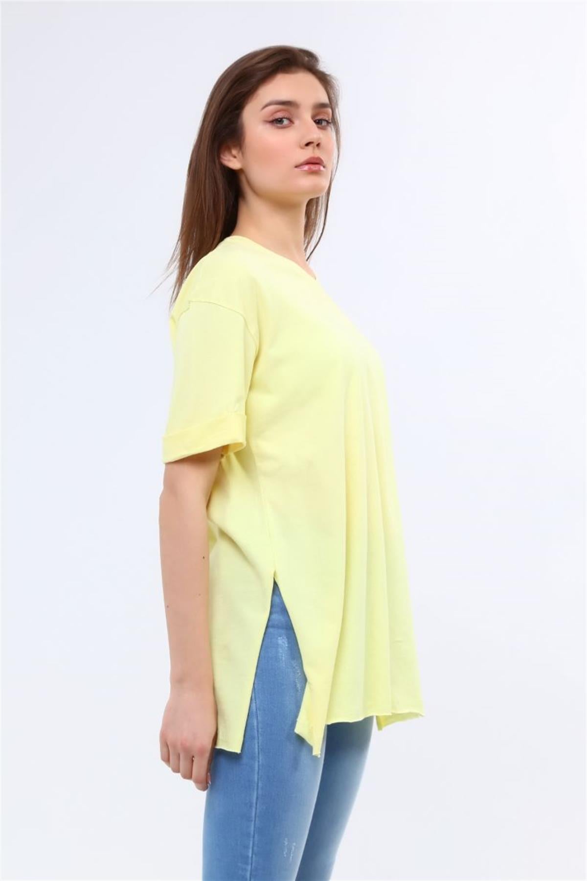 Tshirt Kadın V Yaka Yırtmaçlı Basic T-Shirt Sarı