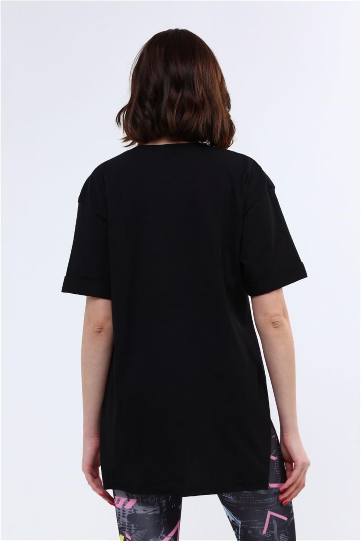 Tshirt Kadın V Yaka Yırtmaçlı Basic T-Shirt Siyah