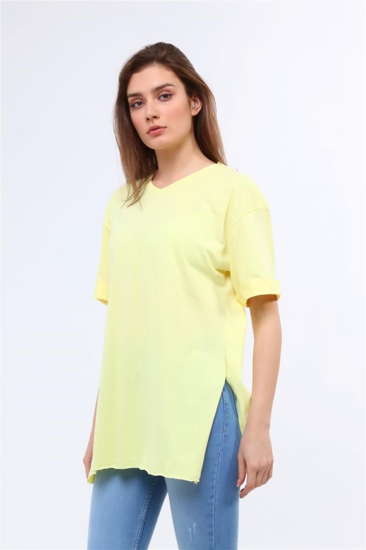 Tshirt Kadın V Yaka Yırtmaçlı Basic T-Shirt Sarı