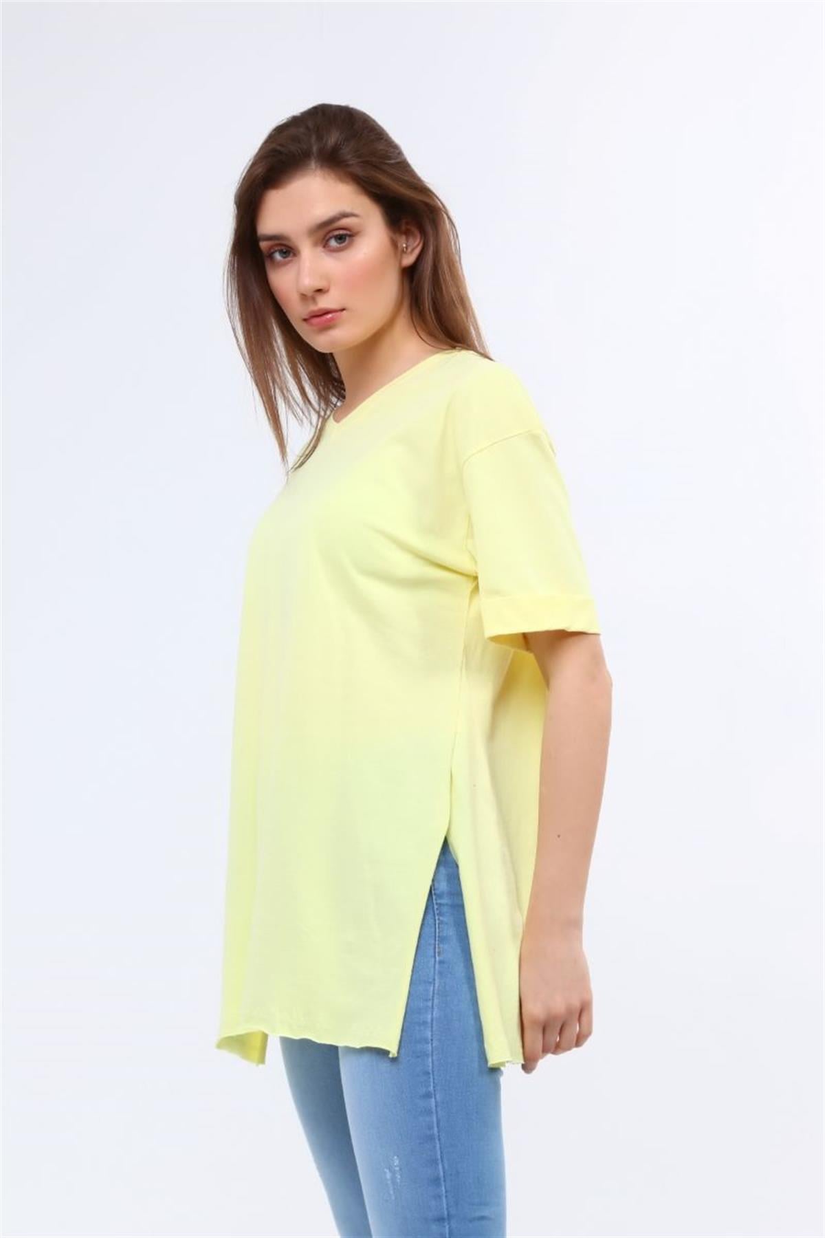 Tshirt Kadın V Yaka Yırtmaçlı Basic T-Shirt Sarı
