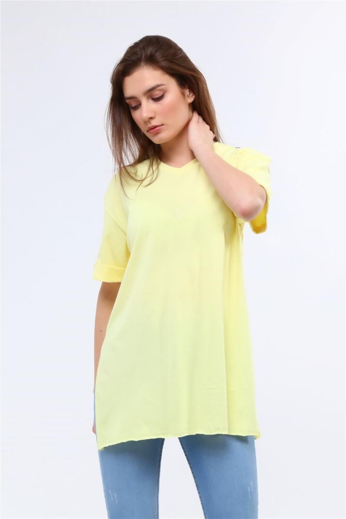 Tshirt Kadın V Yaka Yırtmaçlı Basic T-Shirt Sarı