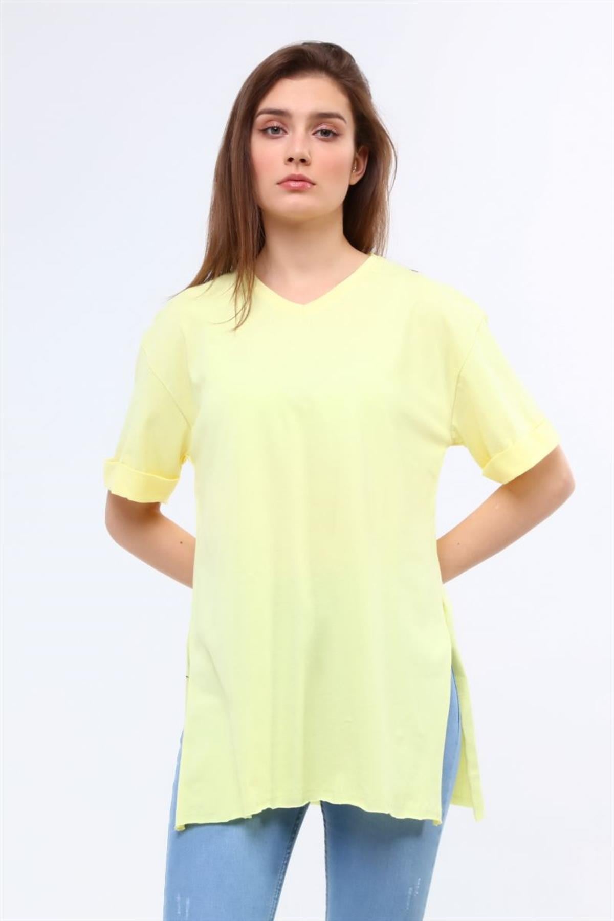 Tshirt Kadın V Yaka Yırtmaçlı Basic T-Shirt Sarı