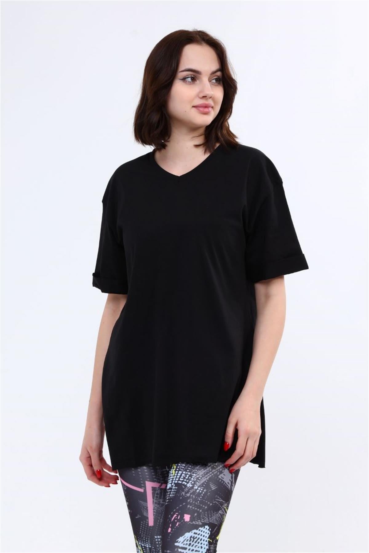 Tshirt Kadın V Yaka Yırtmaçlı Basic T-Shirt Siyah