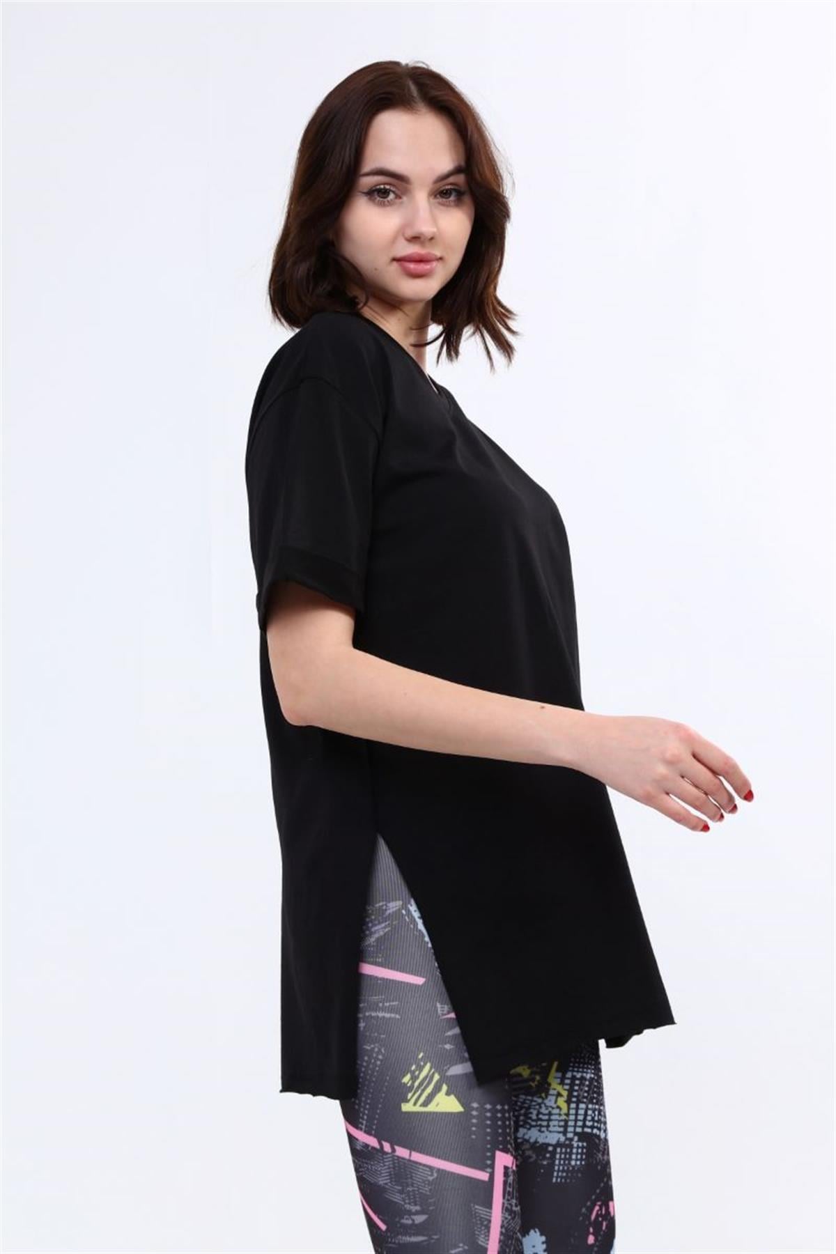 Tshirt Kadın V Yaka Yırtmaçlı Basic T-Shirt Siyah