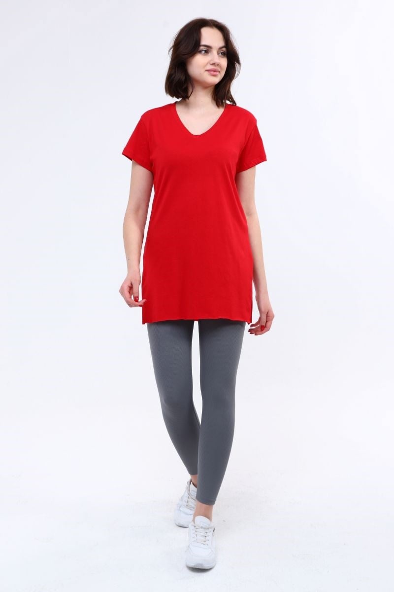 Tshirt Kadın V Yaka Yırtmaçlı T-Shirt Kırmızı