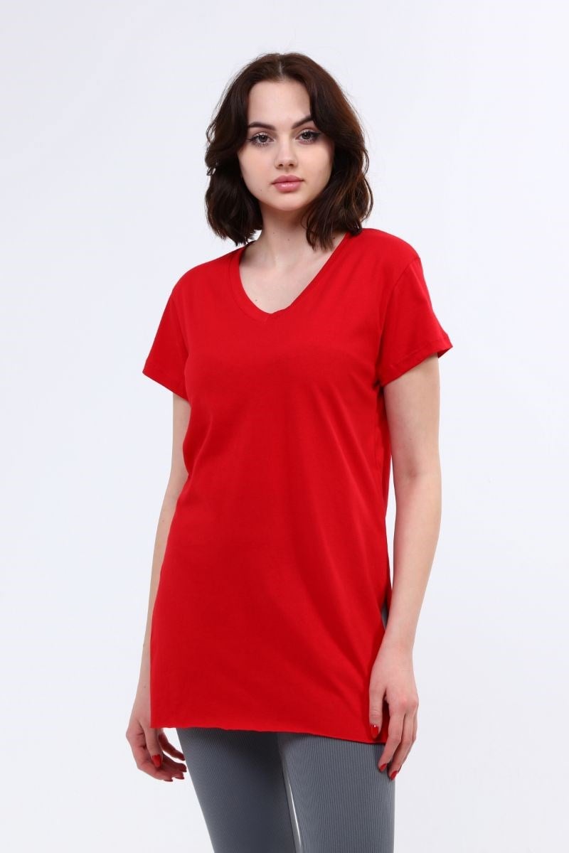 Tshirt Kadın V Yaka Yırtmaçlı T-Shirt Kırmızı