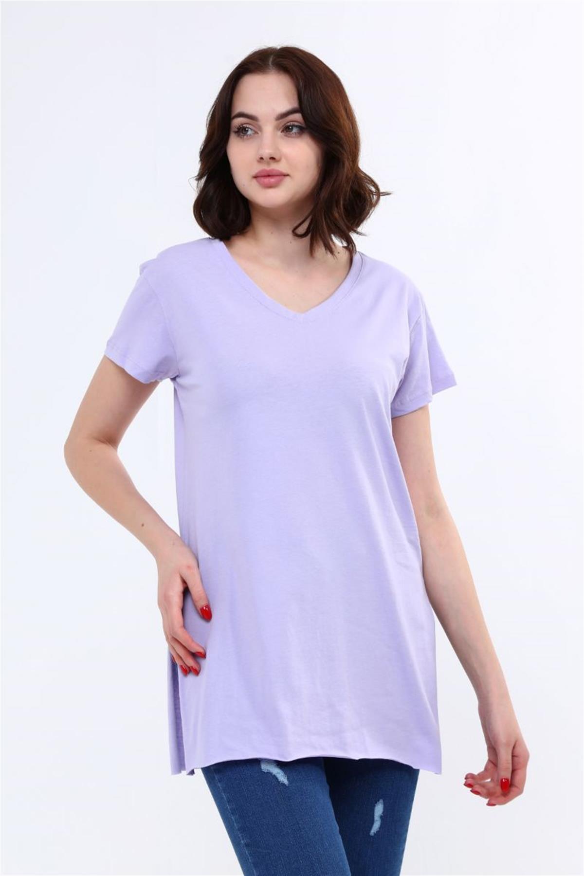 Tshirt Kadın V Yaka Yırtmaçlı T-Shirt Lila
