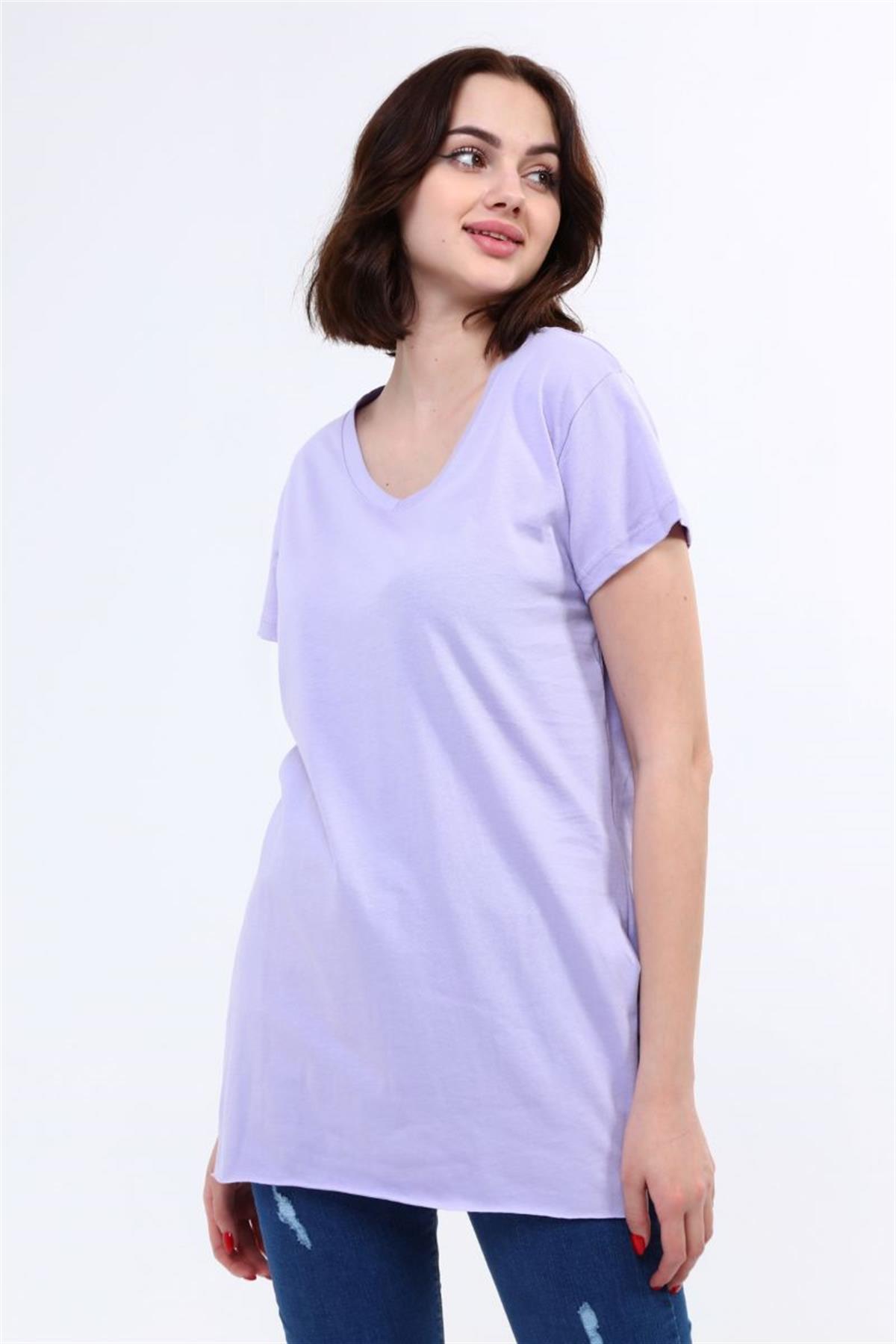 Tshirt Kadın V Yaka Yırtmaçlı T-Shirt Lila