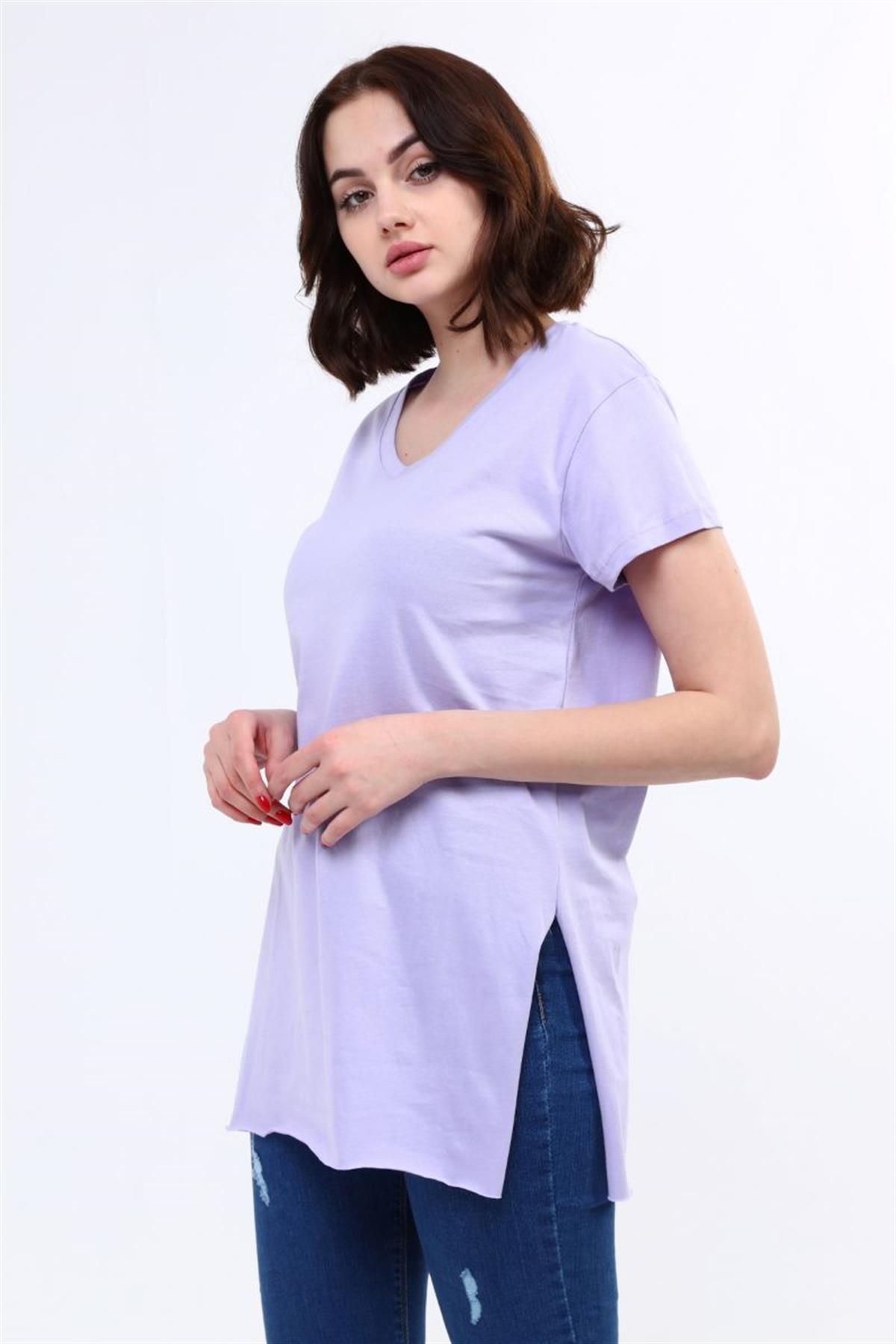 Tshirt Kadın V Yaka Yırtmaçlı T-Shirt Lila
