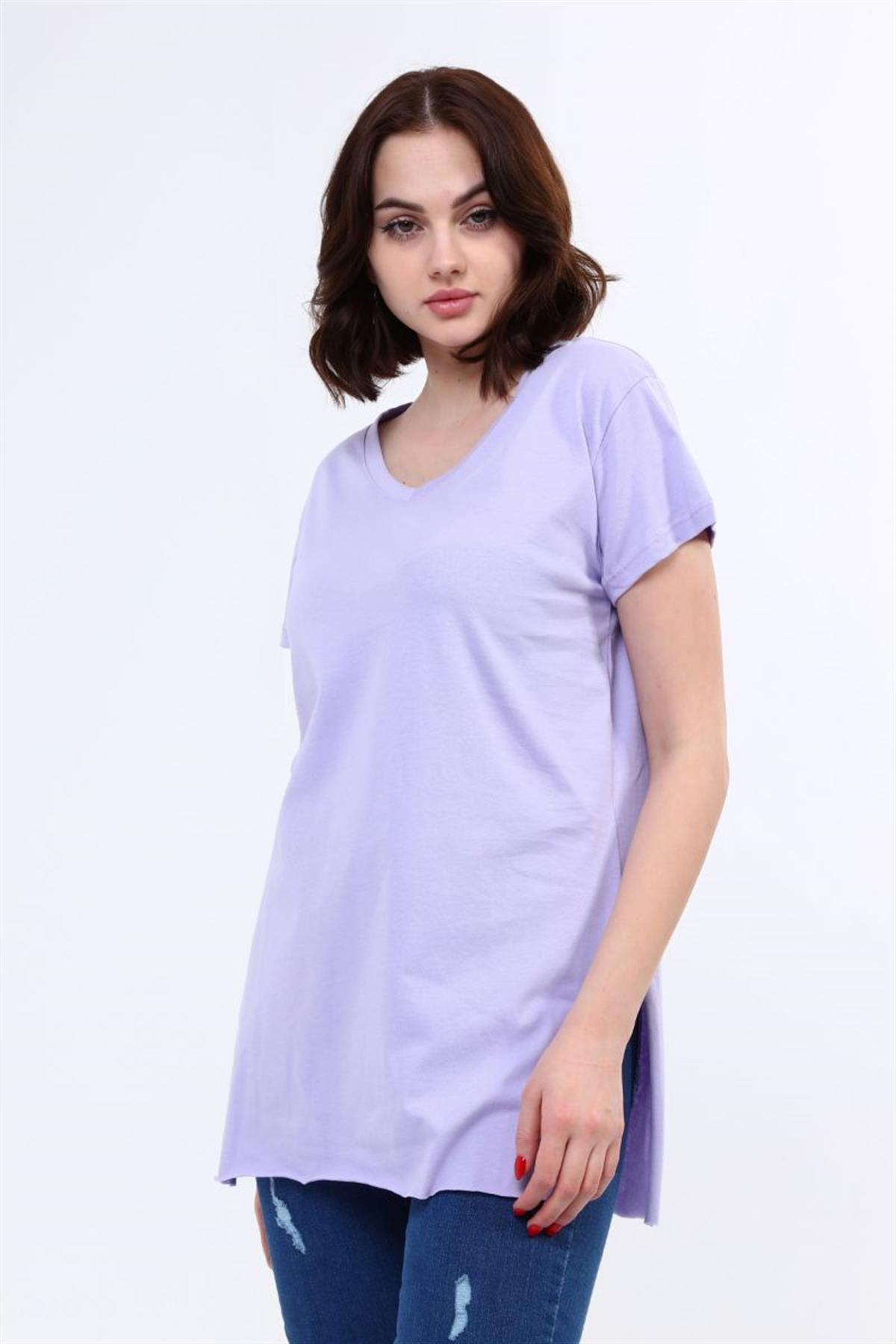 Tshirt Kadın V Yaka Yırtmaçlı T-Shirt Lila