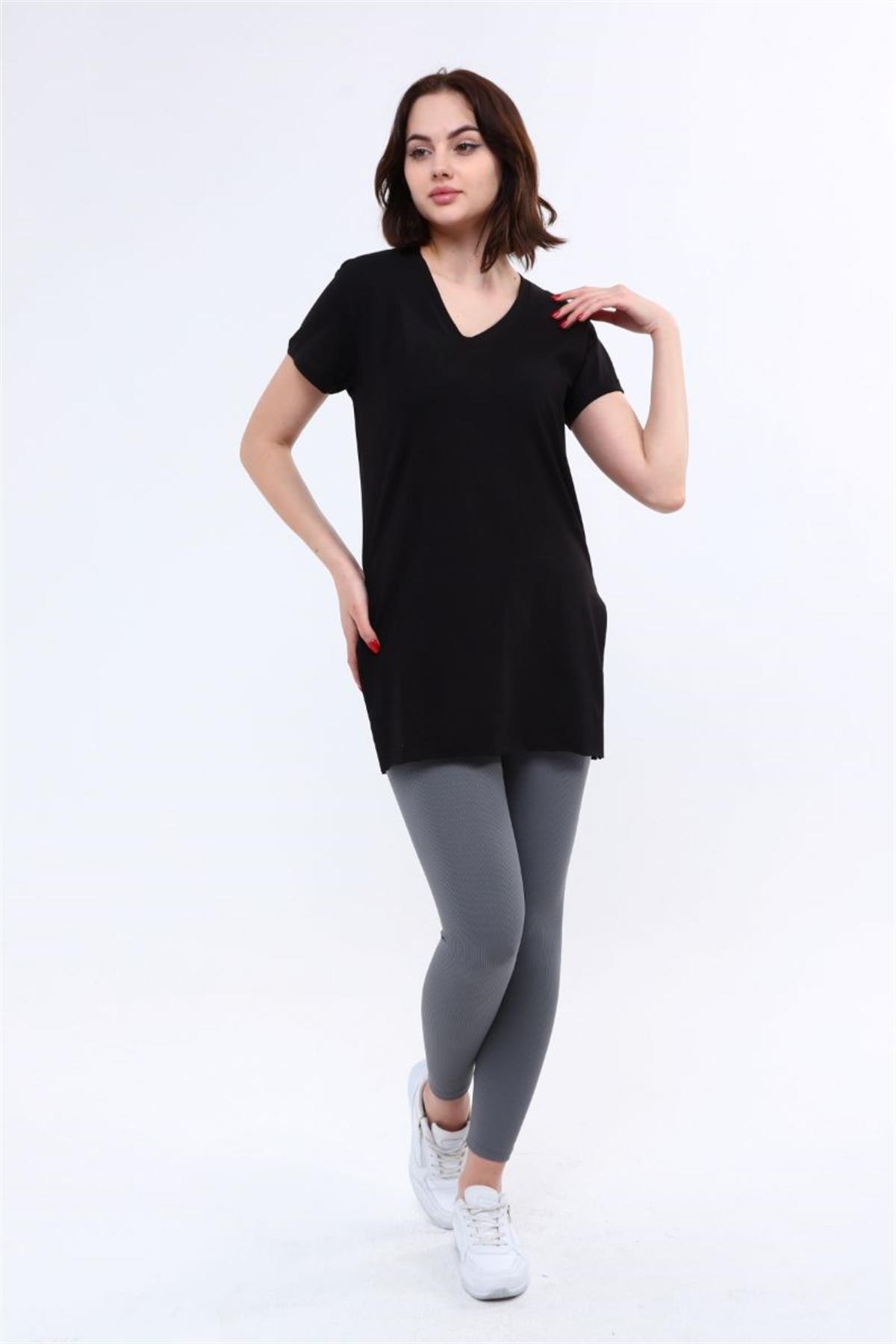 Tshirt Kadın V Yaka Yırtmaçlı T-Shirt Siyah