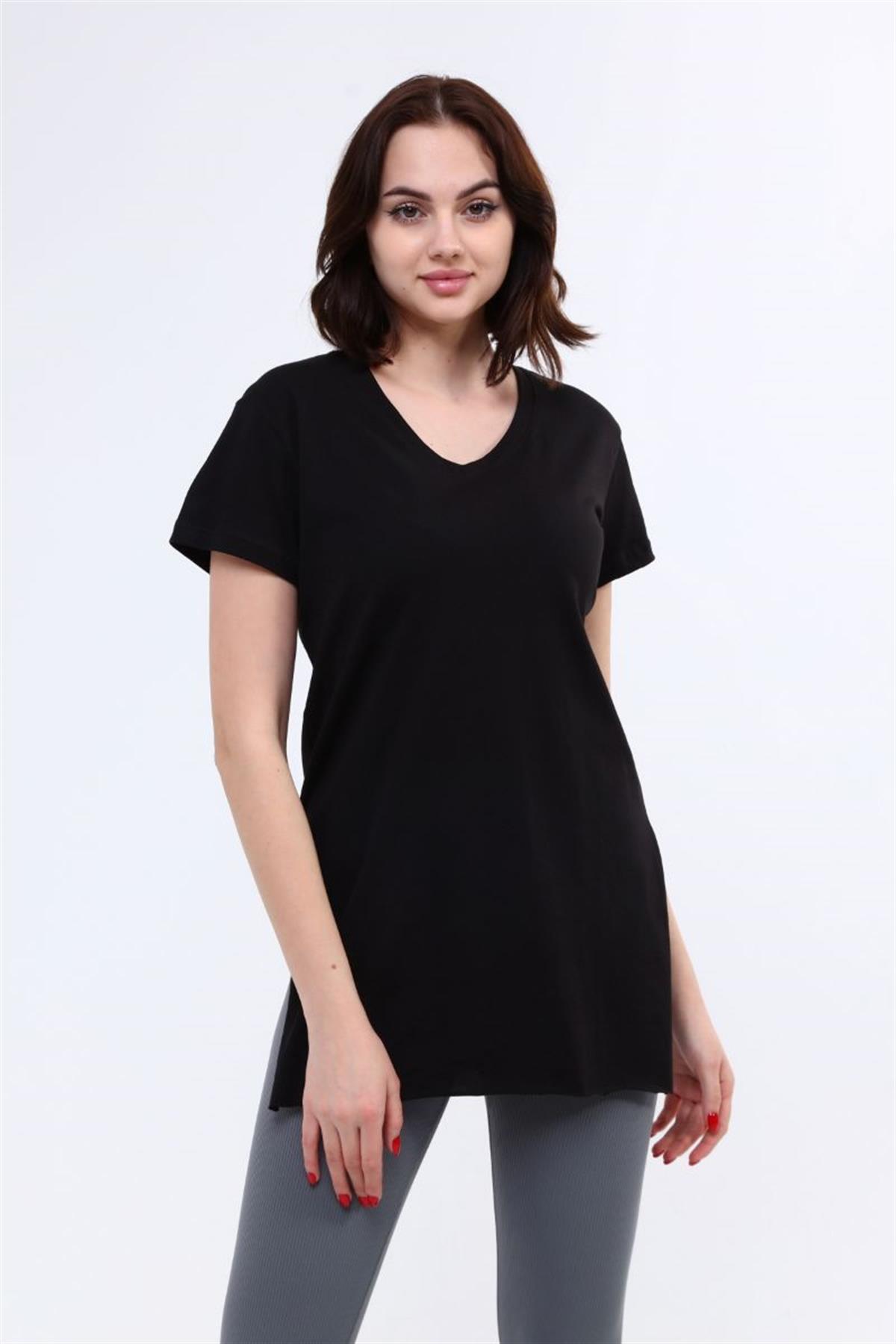 Tshirt Kadın V Yaka Yırtmaçlı T-Shirt Siyah