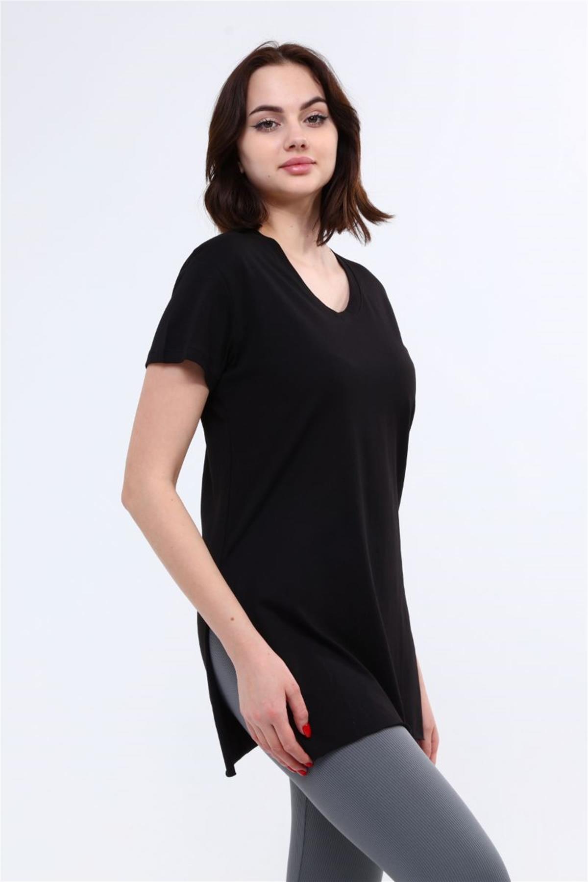 Tshirt Kadın V Yaka Yırtmaçlı T-Shirt Siyah