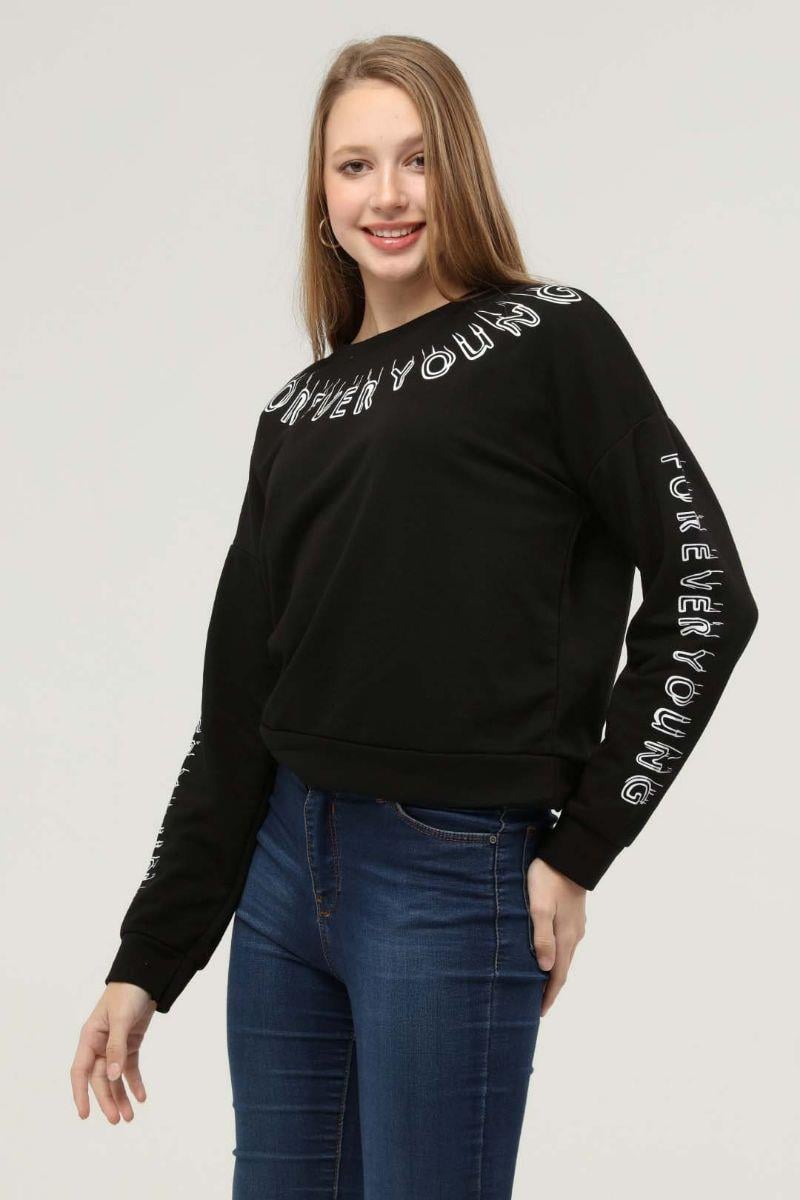 Sweatshirt Kadın Yakası Kolları Baskılı Bisiklet Yaka Sweatshirt Siyah