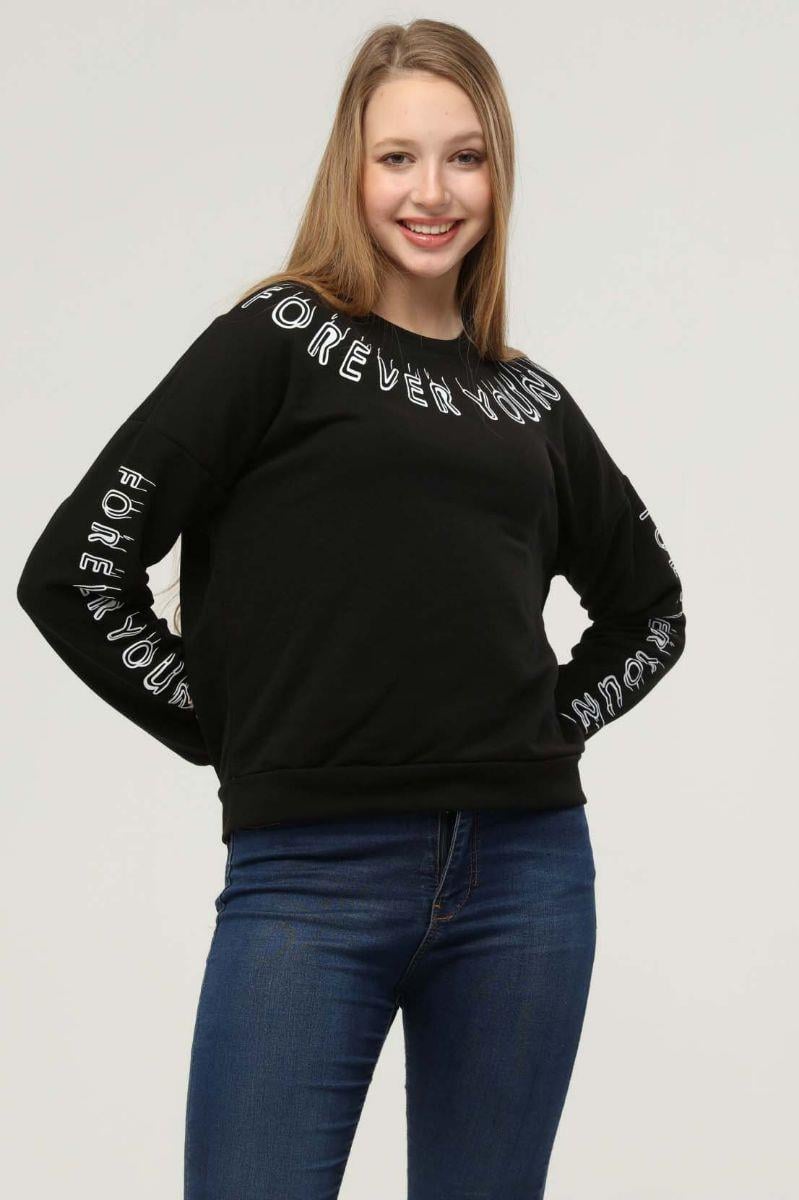 Sweatshirt Kadın Yakası Kolları Baskılı Bisiklet Yaka Sweatshirt Siyah