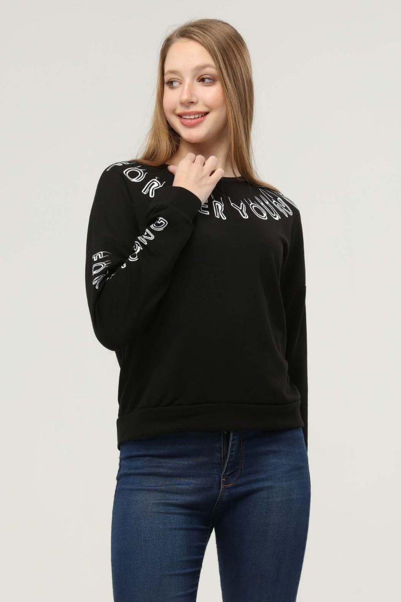 Sweatshirt Kadın Yakası Kolları Baskılı Bisiklet Yaka Sweatshirt Siyah