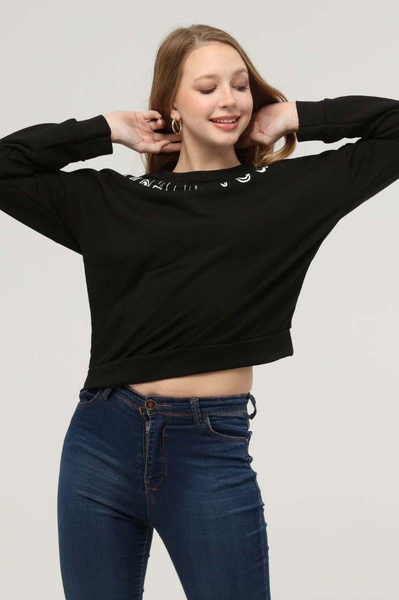 Sweatshirt Kadın Yakası Kolları Baskılı Bisiklet Yaka Sweatshirt Siyah