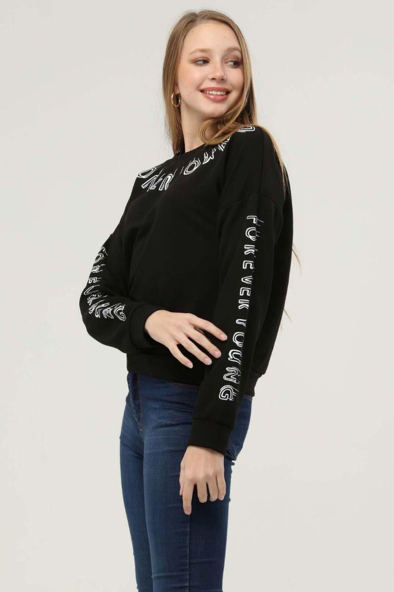 Sweatshirt Kadın Yakası Kolları Baskılı Bisiklet Yaka Sweatshirt Siyah