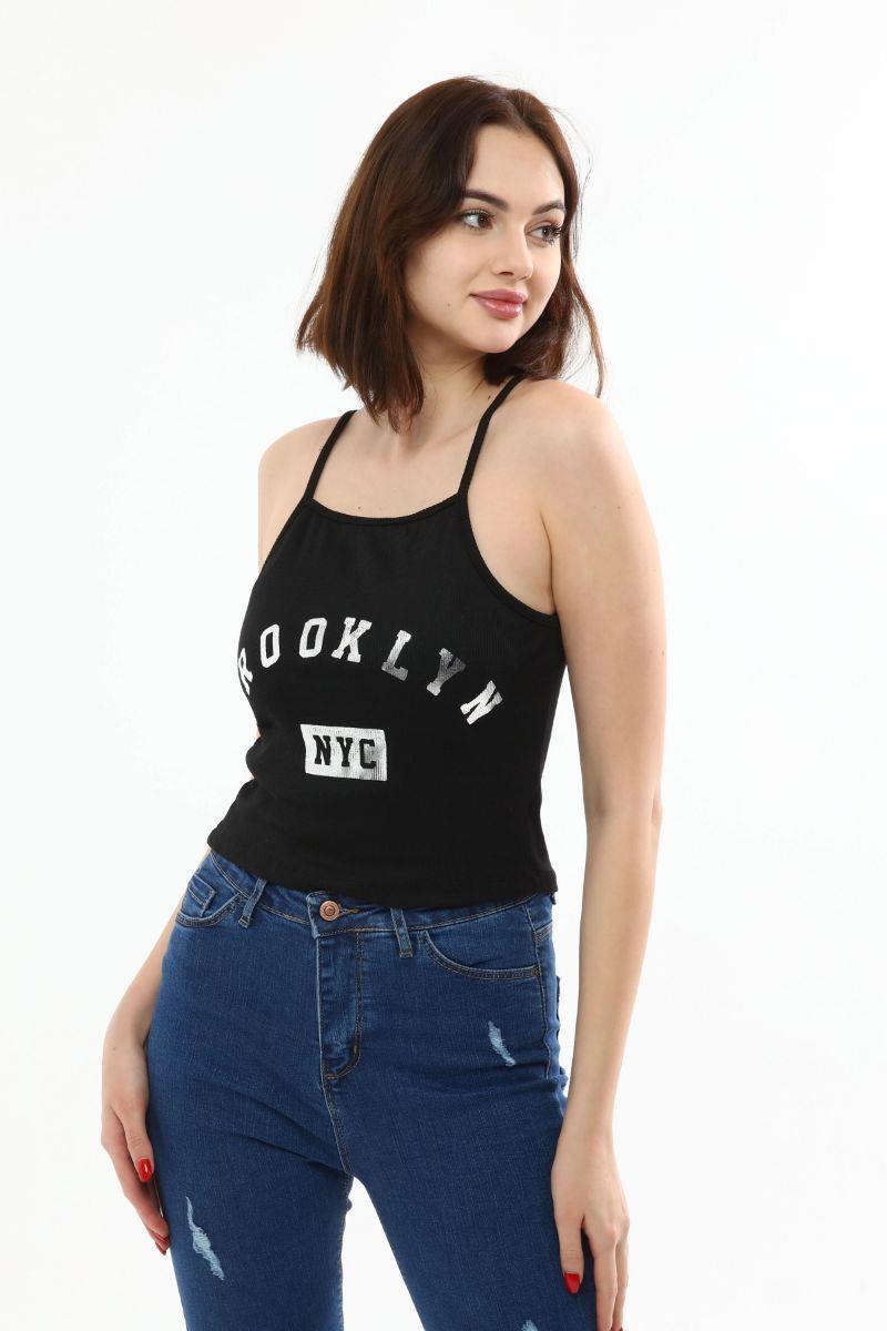 Bustiyer Kadın Yazı Baskılı Crop Siyah
